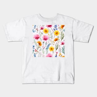 Watercolor Assorted Wildflowers Pattern 4 Kids T-Shirt